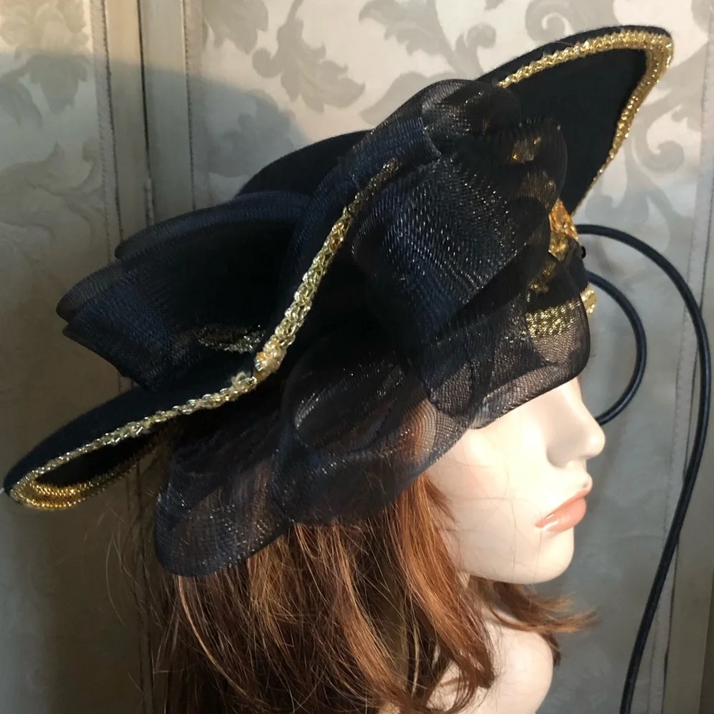 Vintage Couture Wide Brim Black & Gold Hat - Picture 5 of 14
